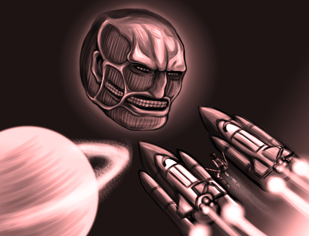 colossal_titan eren_jaeger moon namesake parody pun rocket saturn sepia shingeki_no_kyojin space space_craft taco-yaki titan_(shingeki_no_kyojin)