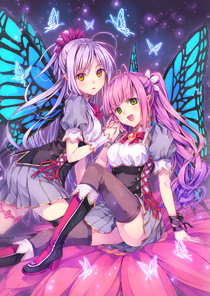 2girls blush boots butterfly butterfly_wings fairy flower green_eyes grey_skirt imomu interlocked_fingers long_hair looking_at_viewer multiple_girls open_mouth orange_eyes original pink_hair pointy_ears ponytail puffy_sleeves purple_hair shirt short_sleeves sitting skirt smile thighhighs wings