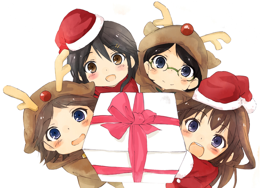 4girls animal_costume antlers bare_shoulders brown_hair detached_sleeves double_bun glasses hair_ornament hairband haruna_(kantai_collection) hat headgear hiei_(kantai_collection) japanese_clothes kantai_collection kirishima_(kantai_collection) kongou_(kantai_collection) long_hair looking_at_viewer michibata5656 multiple_girls nontraditional_miko personification reindeer_antlers reindeer_costume round_glasses santa_costume santa_hat younger