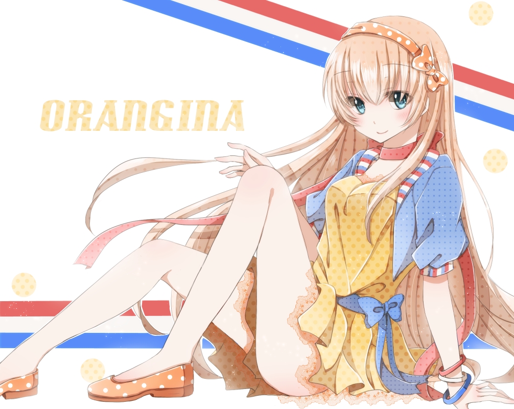 1girl bow bracelet dress hiro_(hirohiro31) jewelry long_hair looking_at_viewer orangina original personification polka_dot polka_dot_dress simple_background smile solo very_long_hair white_background