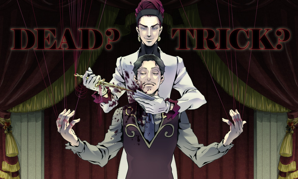 2boys blood brothers card curtains dagger daniel_d'arby earrings facial_hair hat jewelry jojo_no_kimyou_na_bouken kyo-ra marionette multiple_boys murder mustache necktie playing_card puppet red_string siblings stabbing string tattoo terence_trent_d'arby vest weapon