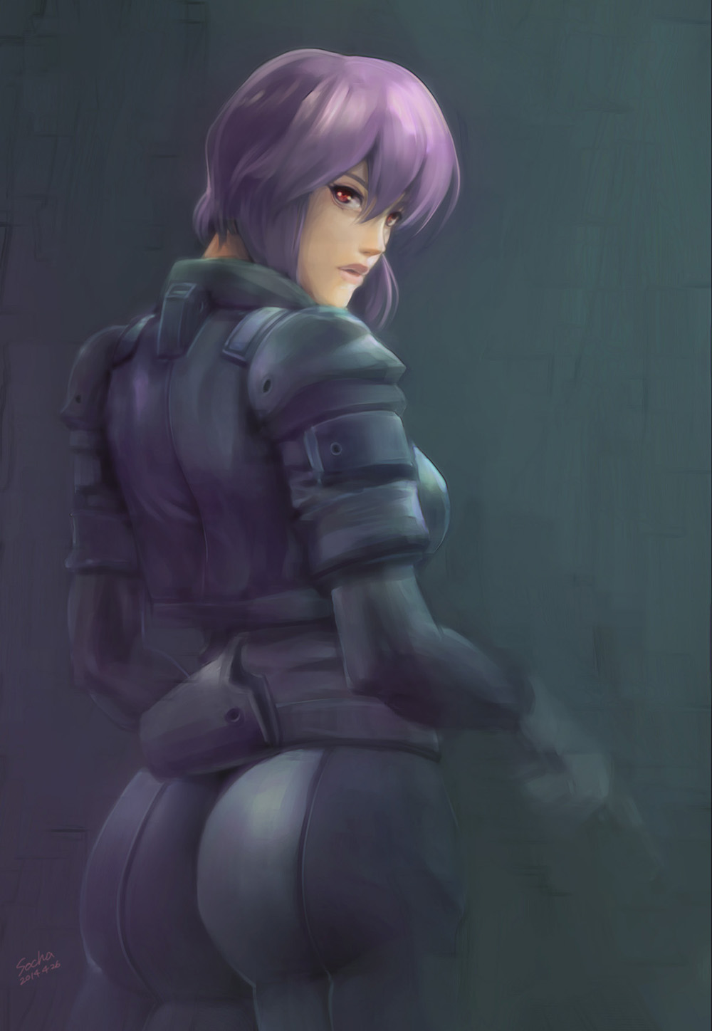 1girl artist_name ass bodysuit dated ghost_in_the_shell highres kusanagi_motoko looking_at_viewer looking_back purple_hair red_eyes short_hair signature skin_tight socha_(pixiv99744) solo