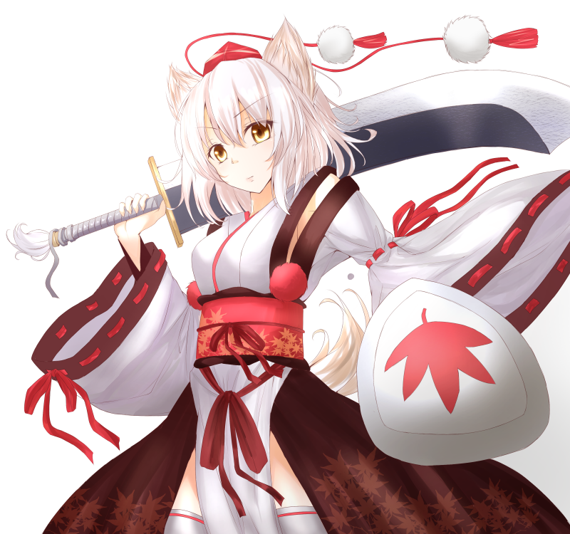 1girl amber_eyes animal_ears armpits bare_shoulders detached_sleeves hat inubashiri_momiji kourindou_tengu_costume looking_at_viewer over_shoulder pom_pom_(clothes) shield short_hair silver_hair simple_background solo sword tail tokin_hat touhou weapon weapon_over_shoulder white_background wolf_ears wolf_tail