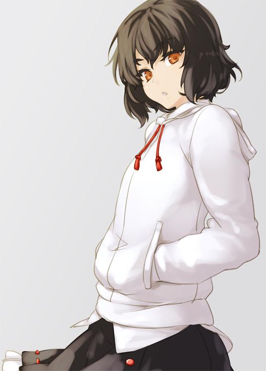 1girl alternate_costume black_hair contemporary grey_background hands_in_pockets hoodie looking_at_viewer no_hat orange_eyes rokuwata_tomoe shameimaru_aya short_hair simple_background skirt solo touhou