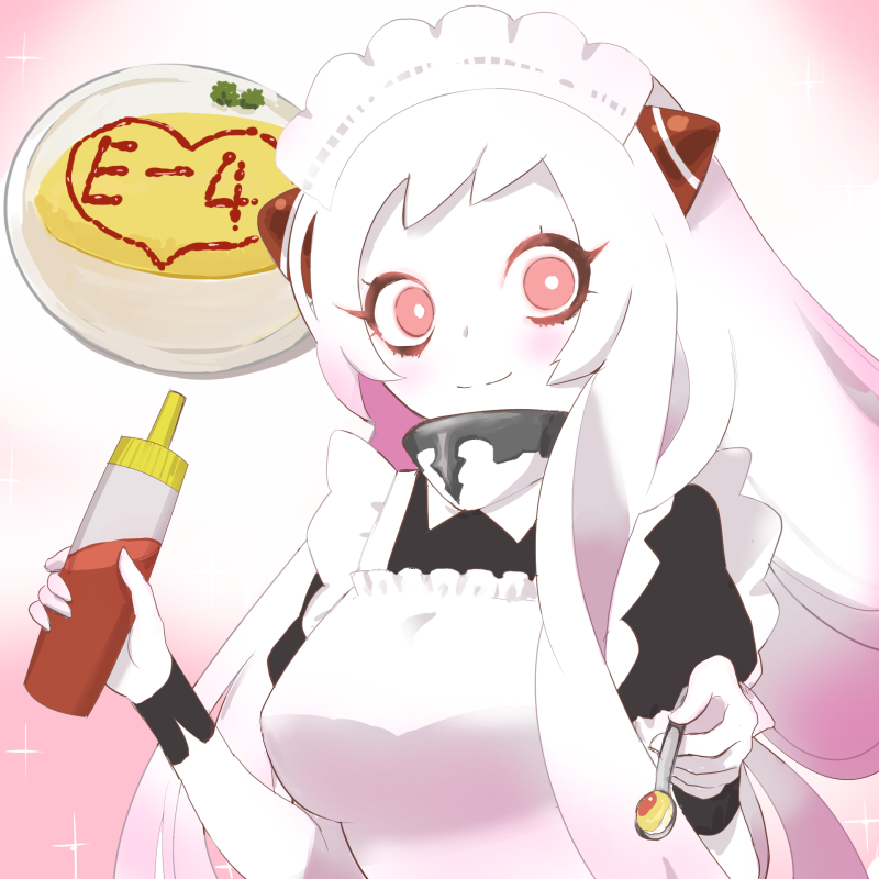 1girl airfield_hime apron food horns kantai_collection long_hair looking_at_viewer maid maid_apron maid_headdress mushi_gyouza omurice pale_skin pov_feeding red_eyes shinkaisei-kan smile solo spoon squeeze_bottle white_hair