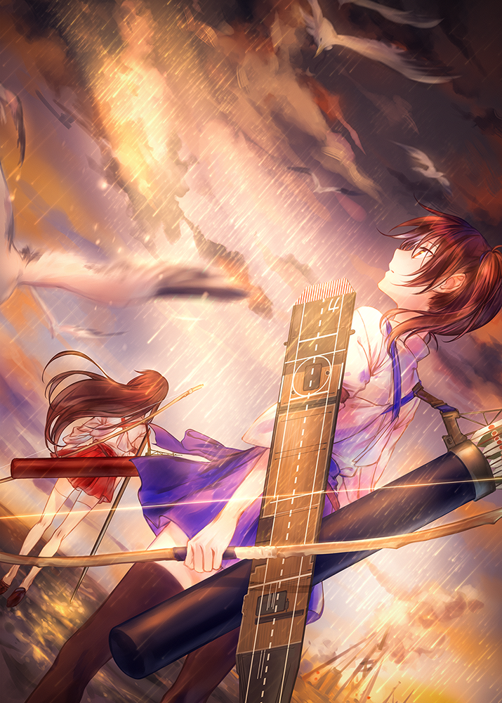 2girls akagi_(kantai_collection) arrow azmodan bird clouds cloudy_sky dutch_angle kaga_(kantai_collection) kantai_collection multiple_girls personification rain skirt sky traditional_clothes