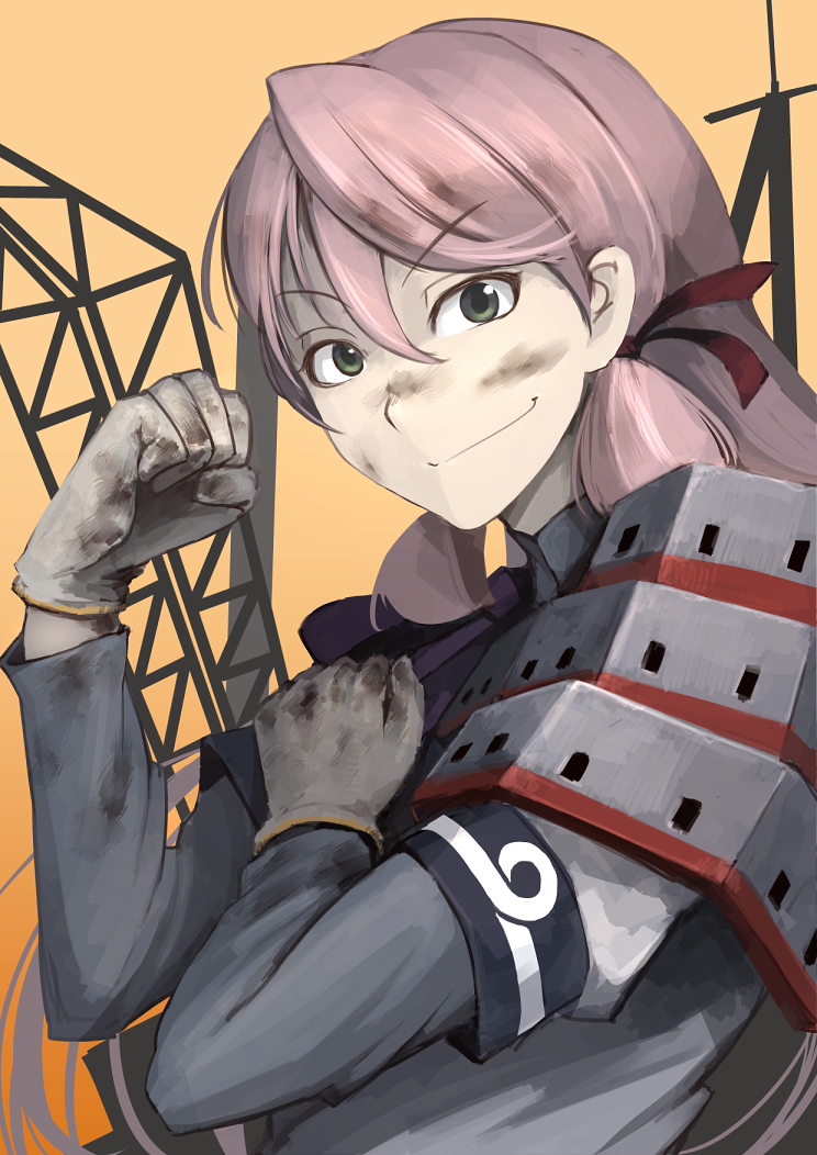 1girl akashi_(kantai_collection) armor dirt dirty_face gloves green_eyes hetza_(hellshock) kantai_collection long_hair looking_at_viewer pink_hair rosie_the_riveter school_uniform smile solo
