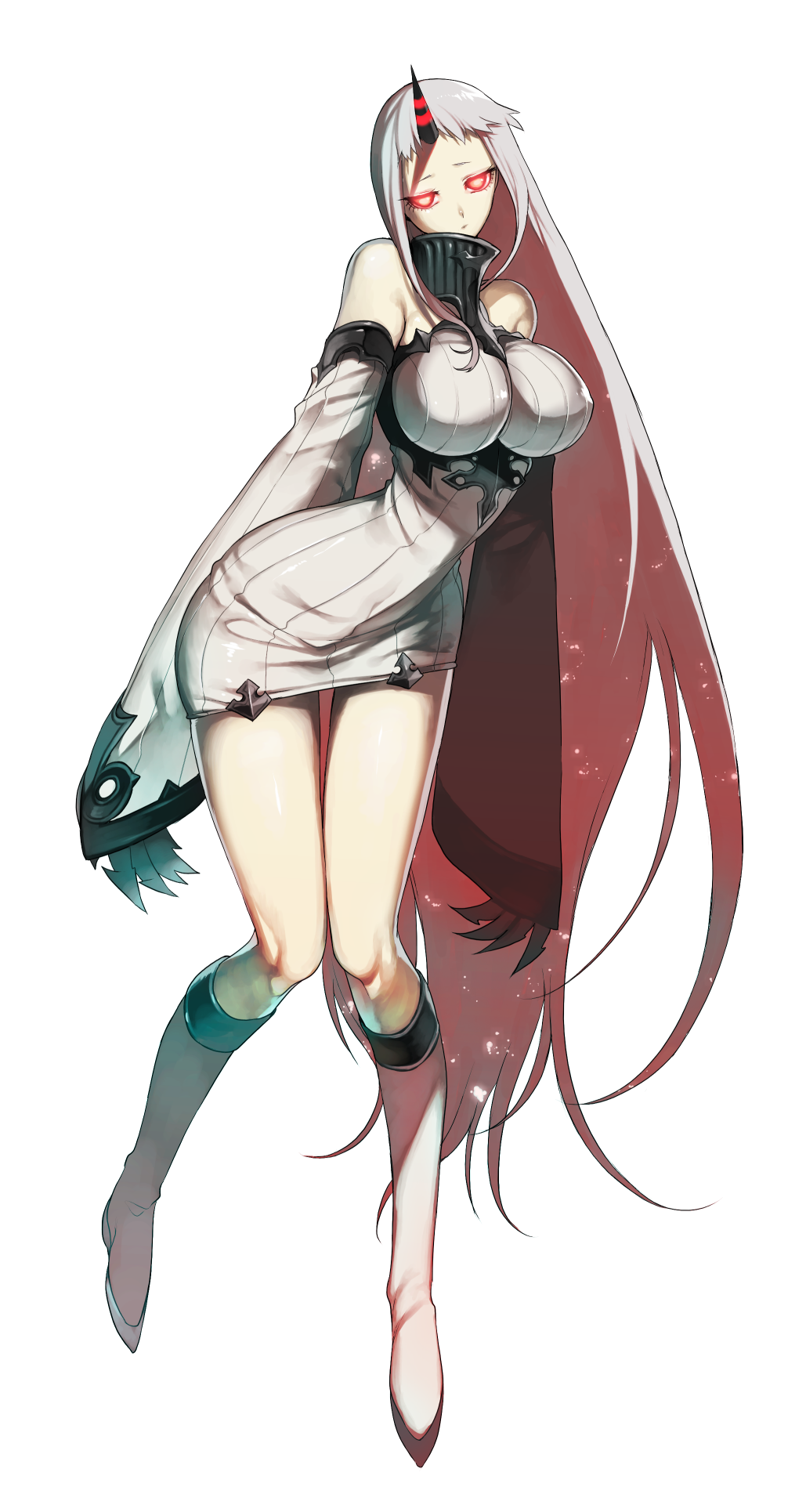 1girl bare_shoulders boots breasts detached_sleeves full_body glowing glowing_eyes grey_legwear highres horn kantai_collection kneehighs large_breasts long_hair looking_at_viewer red_eyes ribbed_sweater seaport_hime shinkaisei-kan simple_background solo sweater very_long_hair wadani_hitonori white_background white_hair