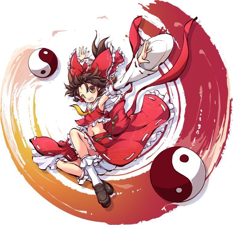 1girl armpits arms_up ascot bloomers bobby_socks bow brown_eyes brown_hair detached_sleeves frills hair_bow hair_tubes hakurei_reimu large_bow loafers midriff ms06s navel open_mouth shoes skirt socks solo touhou transparent_background underwear wide_sleeves yin_yang