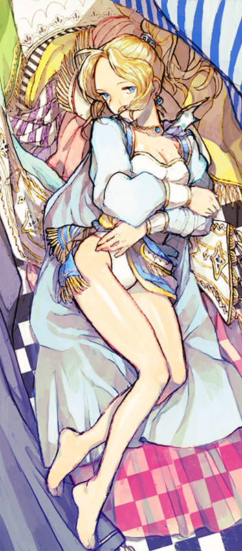 1girl alternate_costume bare_legs bed_sheet blonde_hair blue_clothes blue_eyes bow breasts cape cleavage crossed_arms crossed_legs cushion dissidia_final_fantasy earrings final_fantasy final_fantasy_vi hair_bow jewelry looking_at_viewer lying nyorotta on_back one-piece_swimsuit ponytail puffy_sleeves solo swimsuit tina_branford wristband