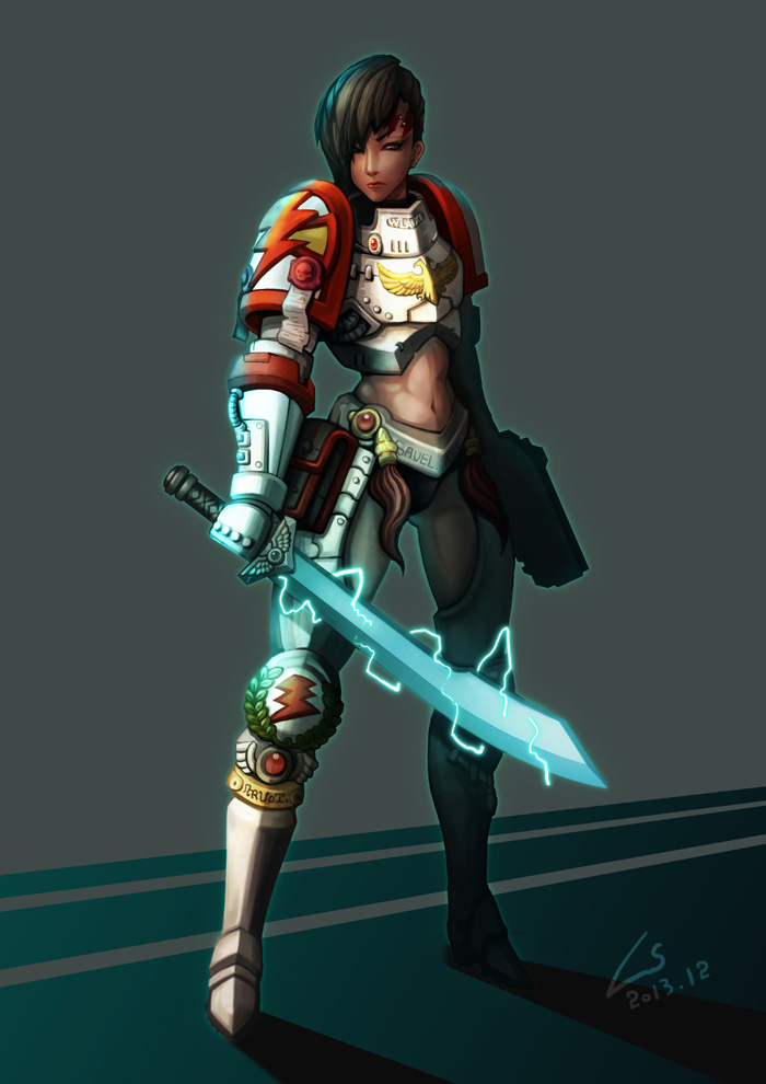 1girl adapted_costume boots brown_hair dated flat_chest gauntlets genderswap gun heresy l_axe lightning_bolt midriff navel pauldrons pouch power_armor power_sword purity_seal scars scimitar short_hair signature skull solo space_marine sword thigh-highs thigh_boots warhammer_40k weapon white white_scars