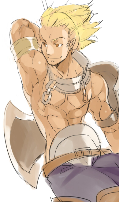 1boy abs arm_behind_head armlet armpits axe belt blonde_hair brown_eyes chest collar fire_emblem fire_emblem:_kakusei hairband hyakuhachi_(over3) male muscle nintendo shield shirtless simple_background sketch smile solo tan weapon white_background wyck