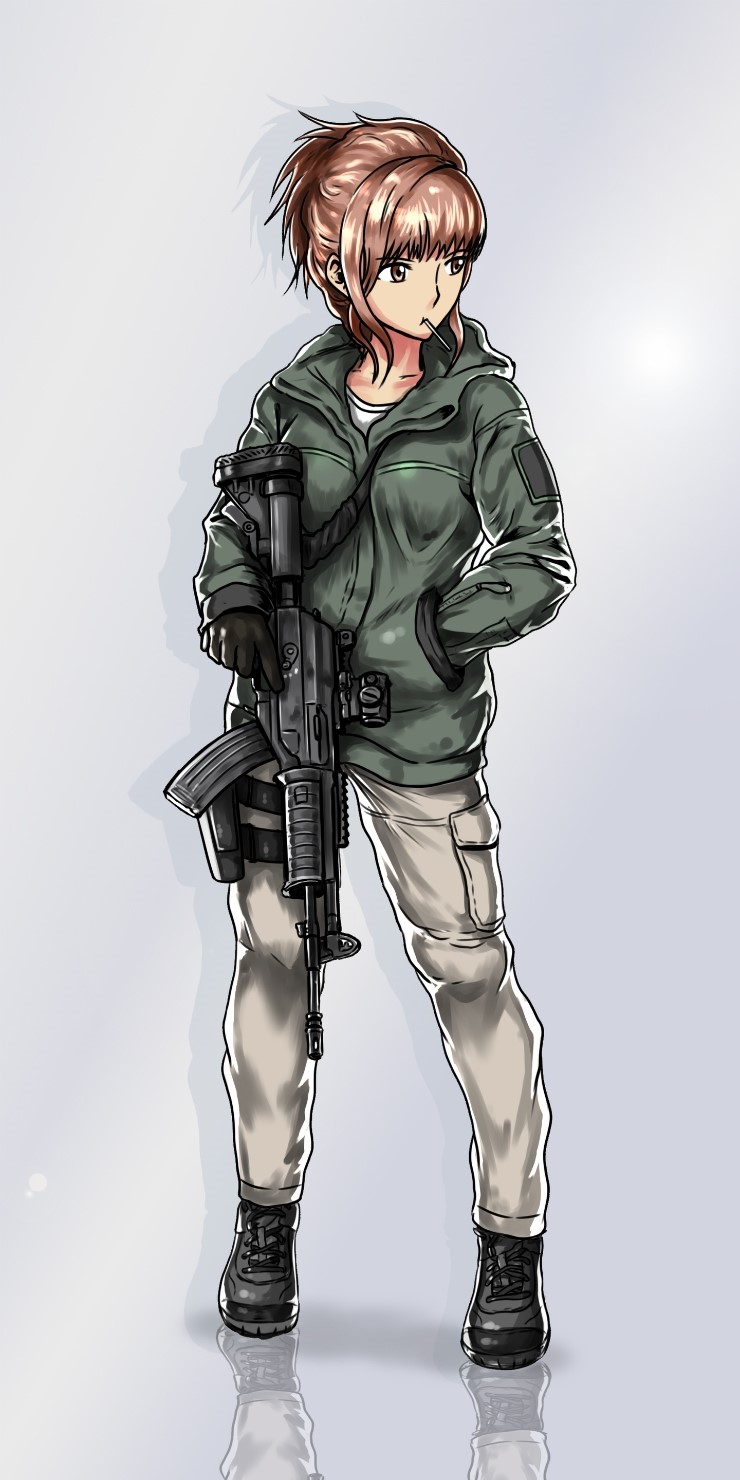 1girl :t assault_rifle boots breasts brown_eyes brown_hair cargo_pants galil_ace_32 gun hand_in_pocket highres hoodie mouth_hold original reflective_floor rifle scope short_hair solo specterz strap_cleavage trigger_discipline weapon