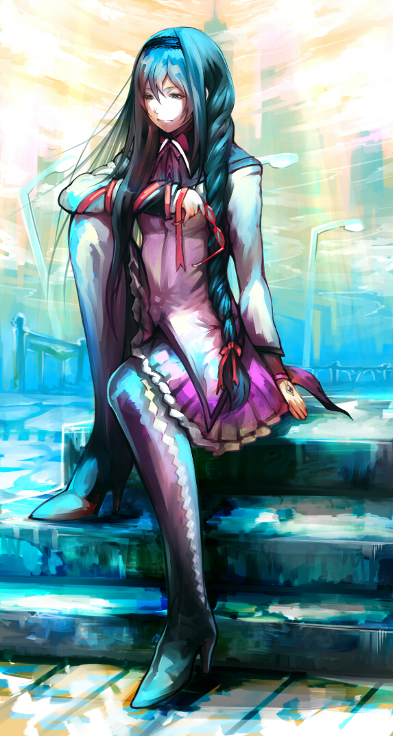 1girl akemi_homura argyle argyle_legwear black_hair glasses headband holding holding_glasses long_hair mahou_shoujo_madoka_magica masayoshi ribbon sitting stairs sunbeam sunlight