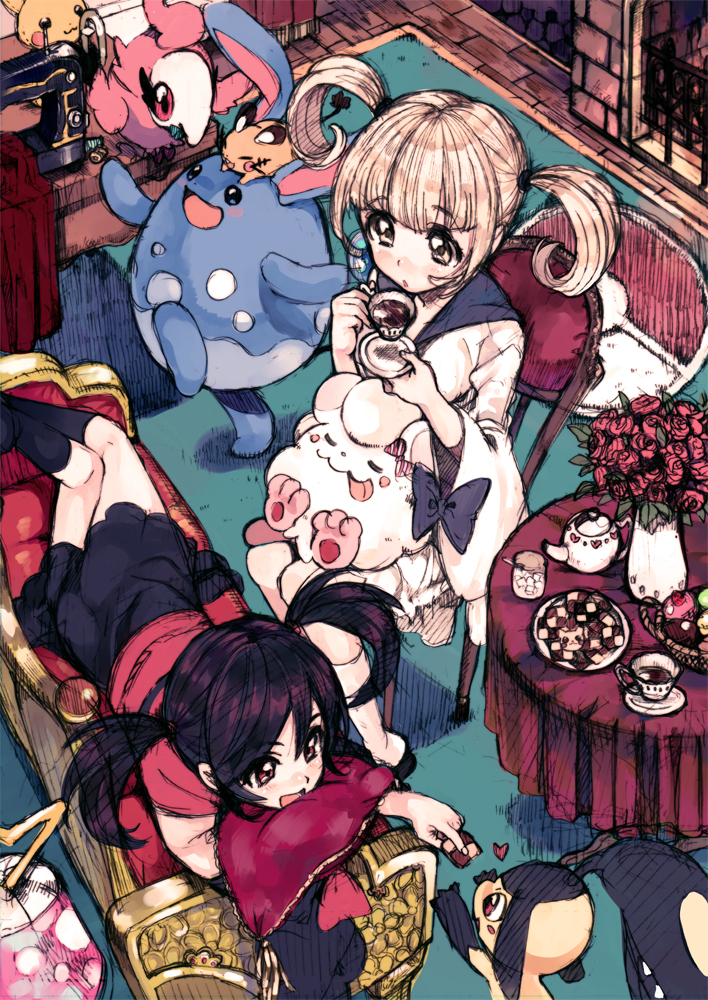2girls amezawa_koma azumarill bangs bare_shoulders black_hair black_legwear blonde_hair blunt_bangs blush chair couch cup dedenne detached_sleeves flower from_above furisode_girl_(pokemon) furisode_girl_karen furisode_girl_kirika japanese_clothes kimono kneehighs long_hair lying mawile multiple_girls npc on_stomach open_mouth pichu pikachu pokemon pokemon_(creature) pokemon_(game) pokemon_xy red_eyes saucer sitting smile spritzee swirlix tea tea_set teacup teapot twintails yellow_eyes