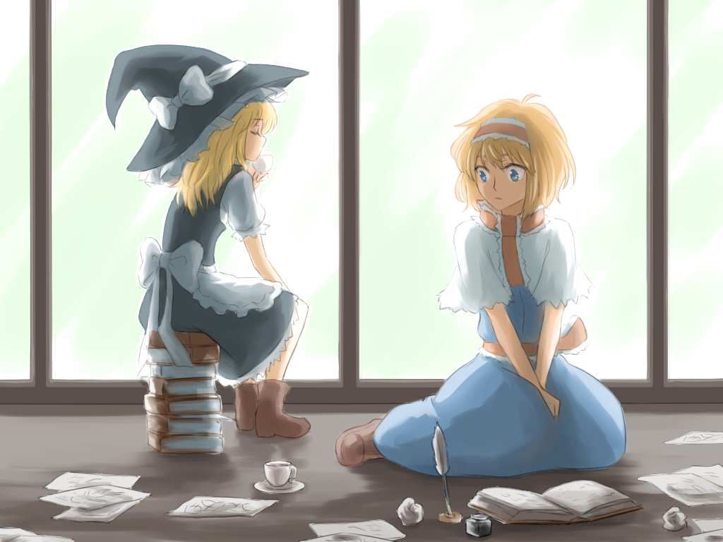 2girls alice_margatroid ankle_boots apron backlighting blonde_hair blue_eyes book book_stack boots capelet closed_eyes crumpled_paper cup dress facing_away hairband hat hat_ribbon indoors inkwell kirisame_marisa light_frown lolita_hairband long_hair looking_away multiple_girls nip_to_chip open_book paper quill ribbon sash saucer short_hair sitting_on_object skirt skirt_set steam teacup touhou waist_apron window witch_hat