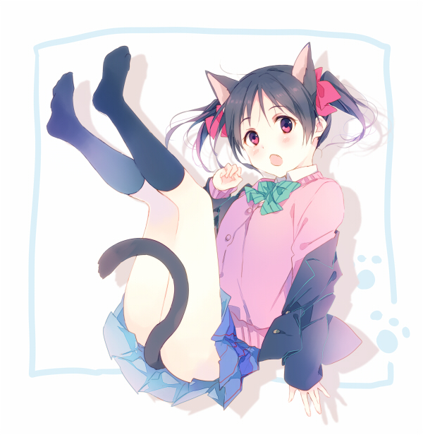 1girl animal_ears ass black_hair blazer blush bow cat_ears cat_tail fang hair_bow kemonomimi_mode kneehighs knees_to_chest legs_up long_hair looking_at_viewer love_live!_school_idol_project off_shoulder open_mouth ousaka_nozomi paw_pose red_eyes school_uniform skirt solo sweater tail tail_censor twintails yazawa_nico