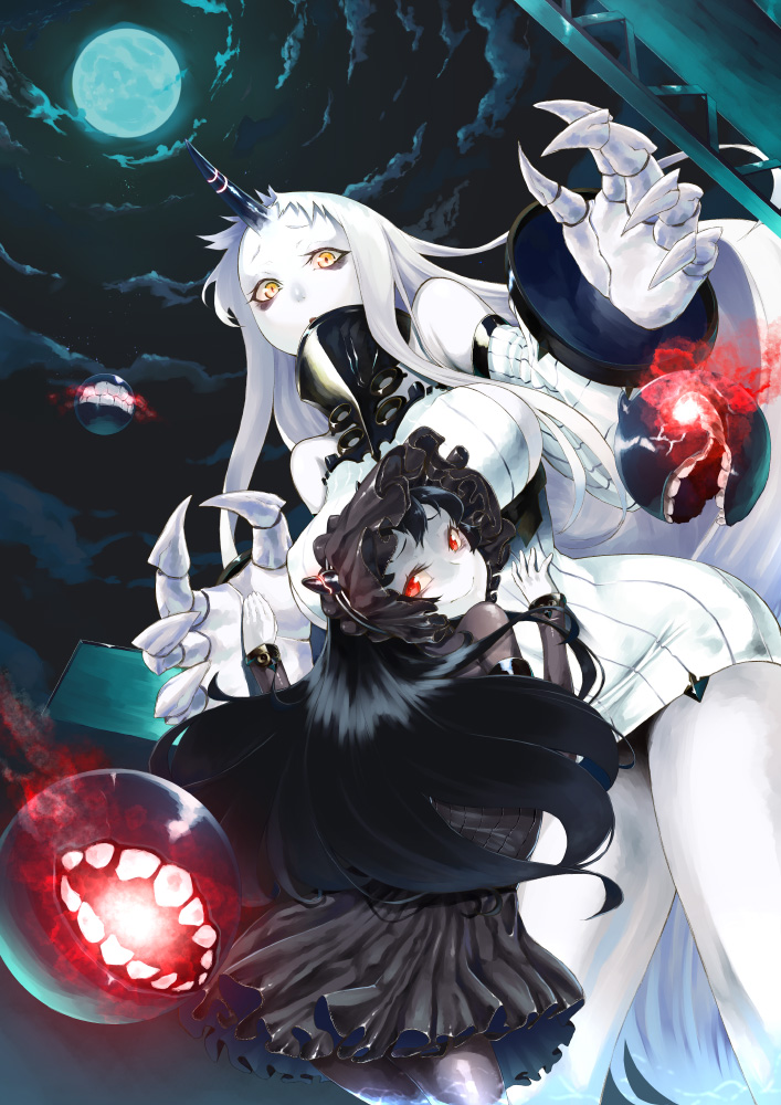 2girls black_hair breasts full_moon gothic_lolita horns isolated_island_oni kantai_collection large_breasts lolita_fashion long_hair looking_at_viewer moon multiple_girls pale_skin red_eyes rosary_(pixiv) seaport_hime shinkaisei-kan smile white_hair yellow_eyes