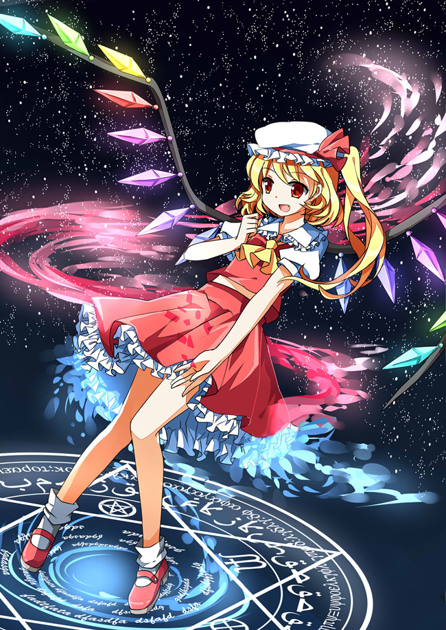 1girl ascot belly_peek blonde_hair clenched_hand collar dress energy fang flandre_scarlet frilled_skirt frills glowing greek happy hat hat_ribbon hujiayi1992 layered_skirt legs_together magic_circle mary_janes open_mouth red_dress red_eyes red_ribbon red_shoes red_skirt ribbon runes shoes short_hair short_sleeves side_ponytail simple_background skirt smile socks solo space standing star touhou vest white_dress white_hat white_legwear wings