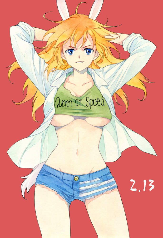 1girl agahari arms_up blue_eyes blush breasts charlotte_e_yeager denim denim_shorts long_hair looking_at_viewer navel orange_hair red_background shorts smile solo strike_witches tank_top underboob
