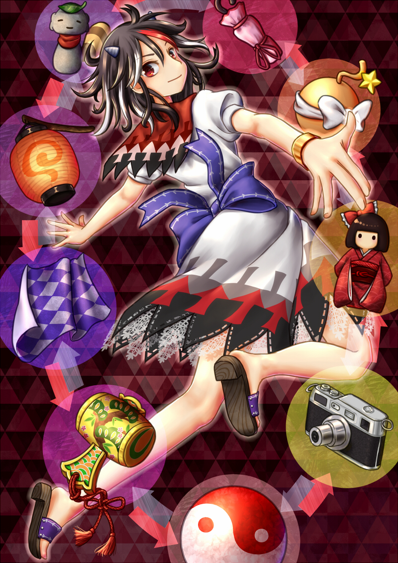 1girl arms_at_sides black_hair bomb bow camera cape directional_arrow doll dress dtvisu horns impossible_spell_card jewelry kijin_seija lantern mallet multicolored_hair multiple_girls orb red_eyes redhead sandals short_hair short_sleeves smile solo touhou umbrella white_hair yin_yang