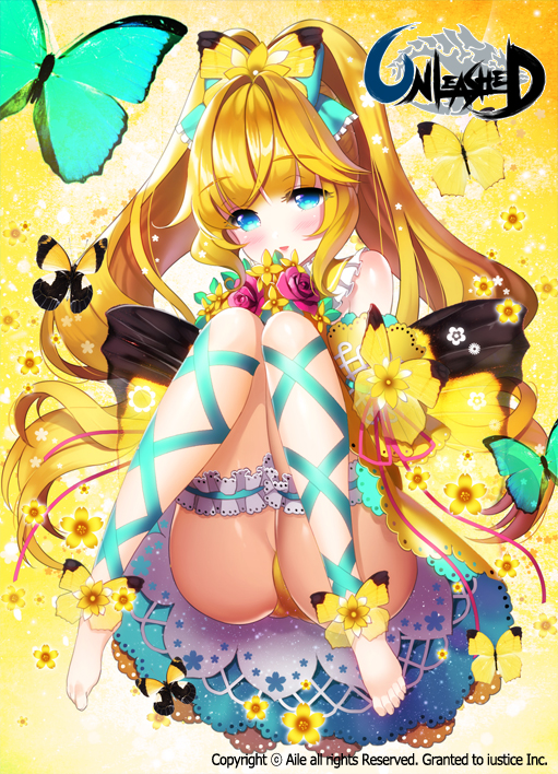 1girl aile_(crossroads) barefoot bent_knees blonde_hair blue_eyes blush butterfly butterfly_hair_ornament butterfly_wings character_request dress flower hair_ornament long_hair open_mouth panties rose smile solo twintails underwear unleashed wings yellow_dress