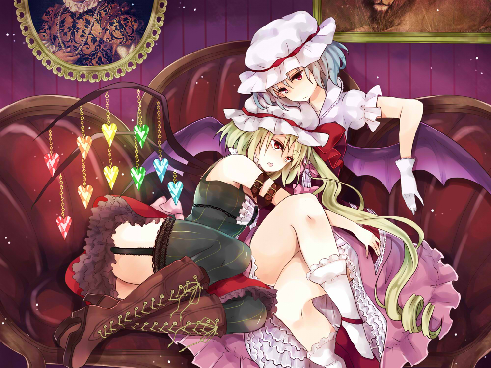 2girls alternate_costume arm_belt ascot bat_wings black_legwear blonde_hair blouse blue_hair boots bow camisole chain couch cross-laced_footwear crossed_legs dress drill_hair embellished_costume fang flandre_scarlet frilled_dress frilled_skirt frills garter_straps gloves gothic_lolita hat hat_bow head_rest heart kneehighs lolita_fashion lying mimoto_(aszxdfcv) mob_cap multiple_girls no_nose on_side painting pink_dress platform_footwear puffy_short_sleeves puffy_sleeves red_eyes red_shoes red_skirt remilia_scarlet shoes short_hair short_sleeves side_ponytail skirt skirt_set thighhighs touhou white_legwear wings