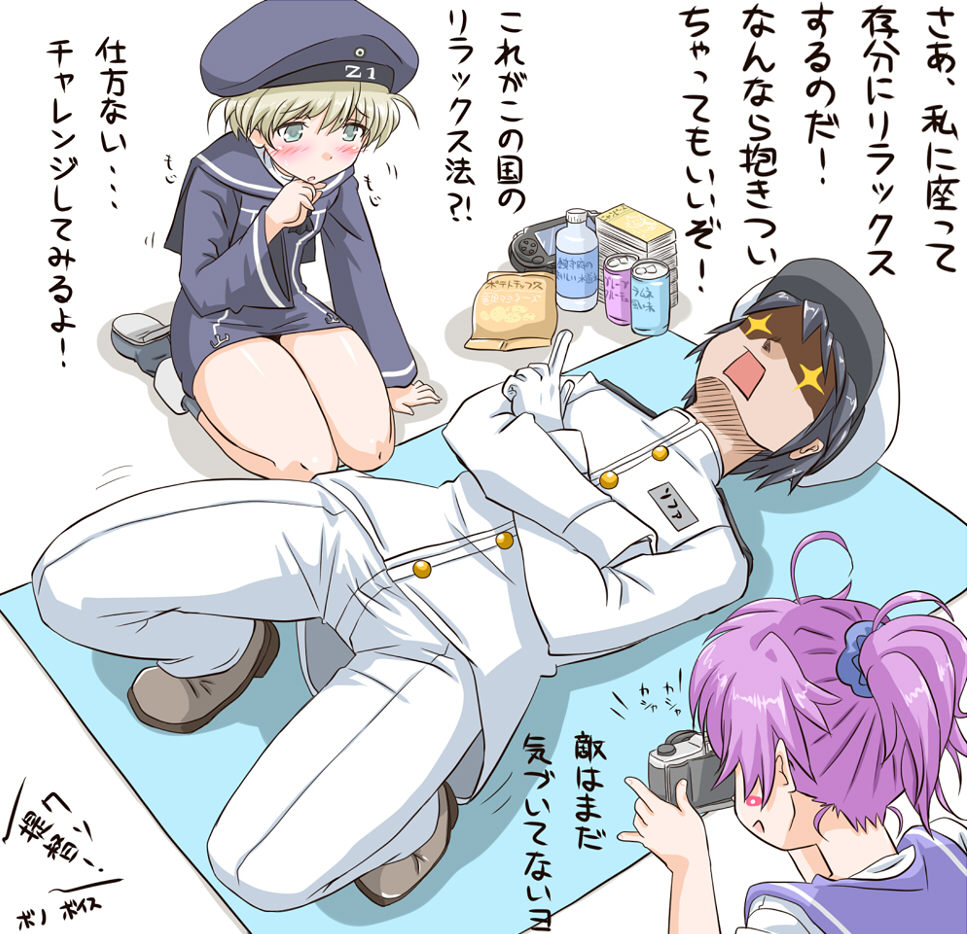 1boy admiral_(kantai_collection) aoba_(kantai_collection) camera drink handheld_game_console jack_(slaintheva) kantai_collection multiple_girls personification snack translation_request z1_leberecht_maass_(kantai_collection)