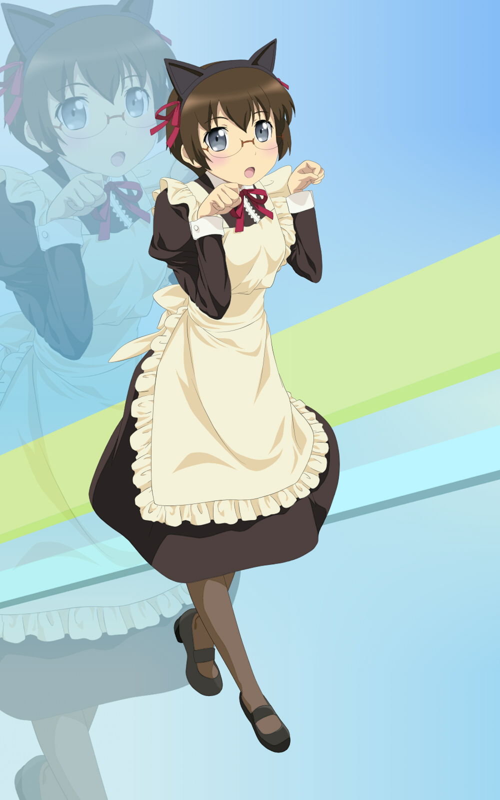 1girl animal_ears brown_hair cat_ears glasses grey_eyes highres maid manamin ore_no_imouto_ga_konna_ni_kawaii_wake_ga_nai pantyhose paw_pose short_hair tamura_manami zoom_layer