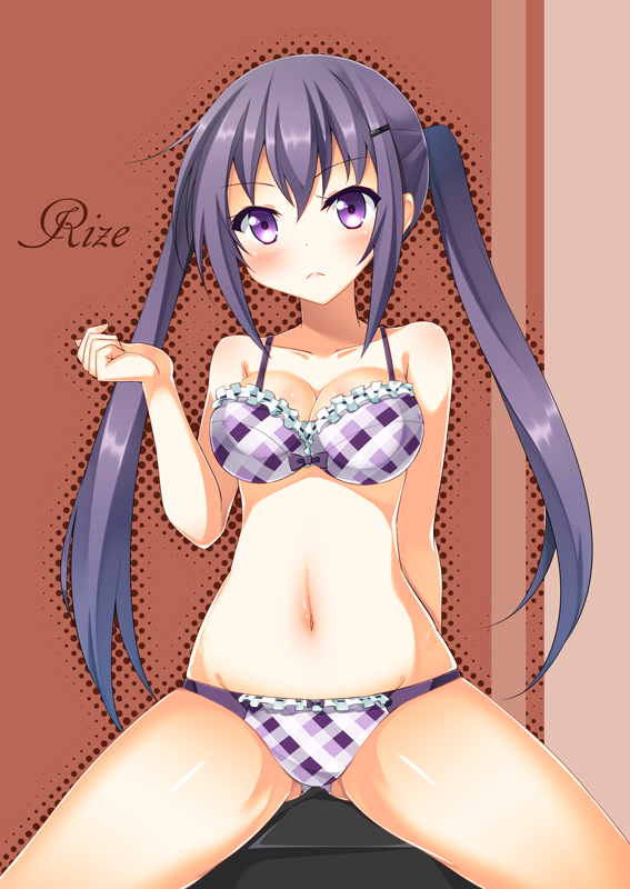 1girl blush bow bow_bra bow_panties bra breasts brown_background character_name cleavage collarbone frilled_bra frilled_panties frills frown gochuumon_wa_usagi_desuka? hair_ornament hairclip long_hair navel outline panties plaid plaid_bra plaid_panties purple_hair ribbon-trimmed_bra ribbon-trimmed_panties ribbon_trim sitting solo spread_legs syuurin tedeza_rize twintails underwear very_long_hair violet_eyes