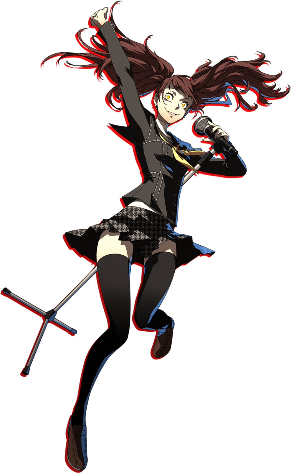 1girl arm_up black_legwear brown_hair brown_shoes dark_persona earrings grin highres holding jewelry kujikawa_rise leg_up long_hair microphone_stand official_art parted_lips persona persona_4 persona_4:_the_ultimate_in_mayonaka_arena school_uniform shadow_(persona) skirt smile soejima_shigenori thighhighs white_background yellow_eyes