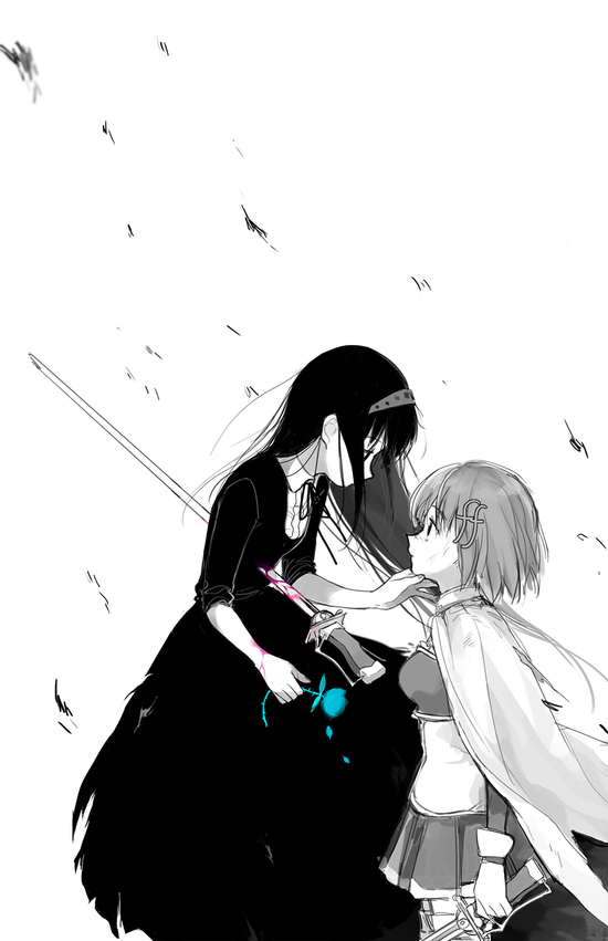 2girls akemi_homura blood blue_rose cape dddoochi1 eye_contact flower funeral_dress hair_ornament hairclip hand_on_another's_chin homulilly long_hair looking_at_another magical_girl mahou_shoujo_madoka_magica mahou_shoujo_madoka_magica_movie miki_sayaka monochrome multiple_girls rose short_hair spoilers spot_color stabbed sword weapon