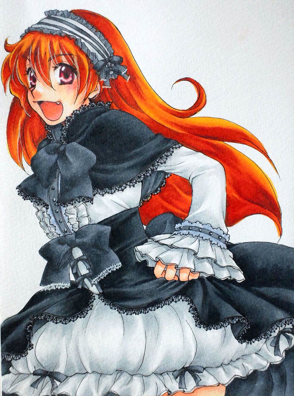 1girl bow dress fang frills gothic_lolita highres lina_inverse lolita_fashion looking_at_viewer open_mouth orange_hair red_eyes shawl simple_background slayers solo traditional_media yashuring