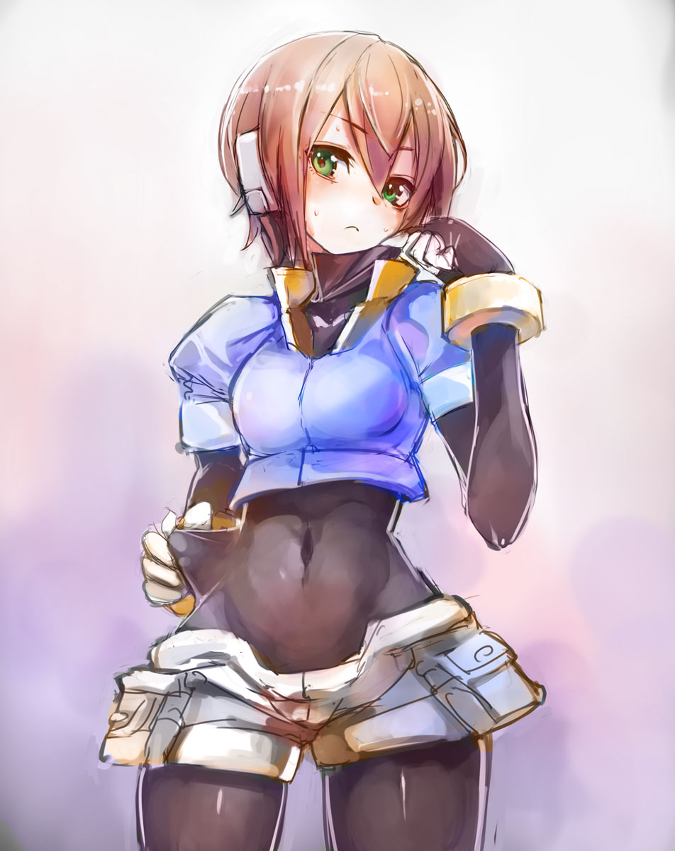 1girl adjusting_clothes aile bodysuit brown_hair covered_navel cowboy_shot green_eyes hair_between_eyes highres robot_ears rockman rockman_zx rough short_hair short_shorts shorts solo standing sweat taishi_(artist)