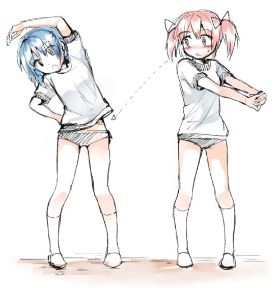 2girls blush buruma dddoochi1 directional_arrow exercise gym_uniform hair_ribbon kaname_madoka mahou_shoujo_madoka_magica miki_sayaka multiple_girls peeking ribbon short_hair short_twintails twintails