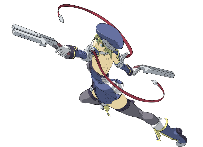 1girl back black_legwear blazblue blonde_hair bolverk boots detached_sleeves dual_wielding gloves green_eyes gun hat knee_boots miniskirt noel_vermillion short_hair skirt solo studiokougubako thighhighs uniform weapon white_background