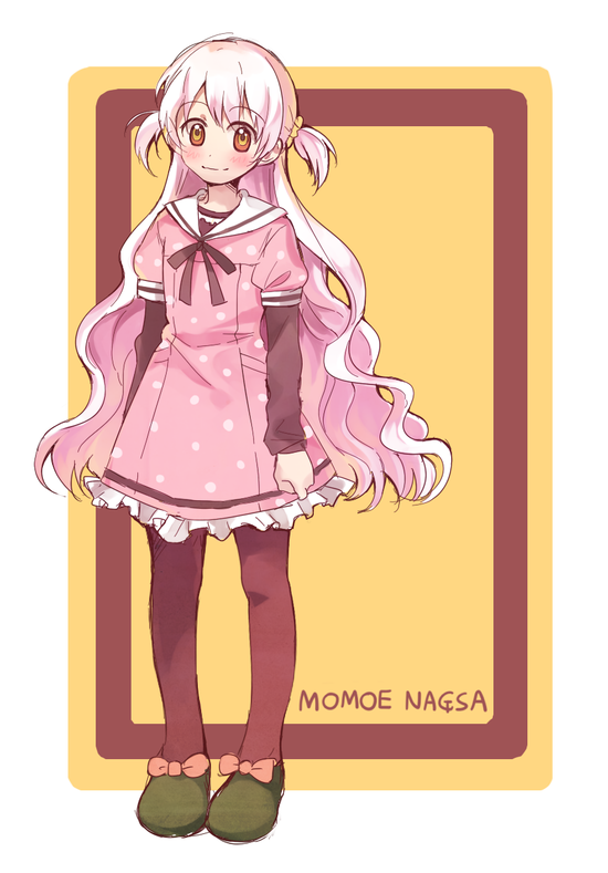 1girl character_name dddoochi1 dress mahou_shoujo_madoka_magica mahou_shoujo_madoka_magica_movie momoe_nagisa multicolored_eyes pantyhose polka_dot polka_dot_dress red_eyes smile solo standing two_side_up white_hair yellow_eyes