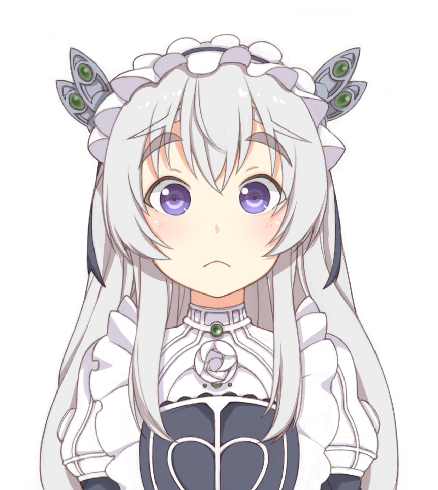 1girl blush bust butterfly_hair_ornament chaika_trabant cherry_boy_takashi dress hair_ornament hair_ribbon hairband hitsugi_no_chaika lolita_hairband long_hair looking_at_viewer puffy_sleeves ribbon silver_hair solo surprised violet_eyes wide-eyed