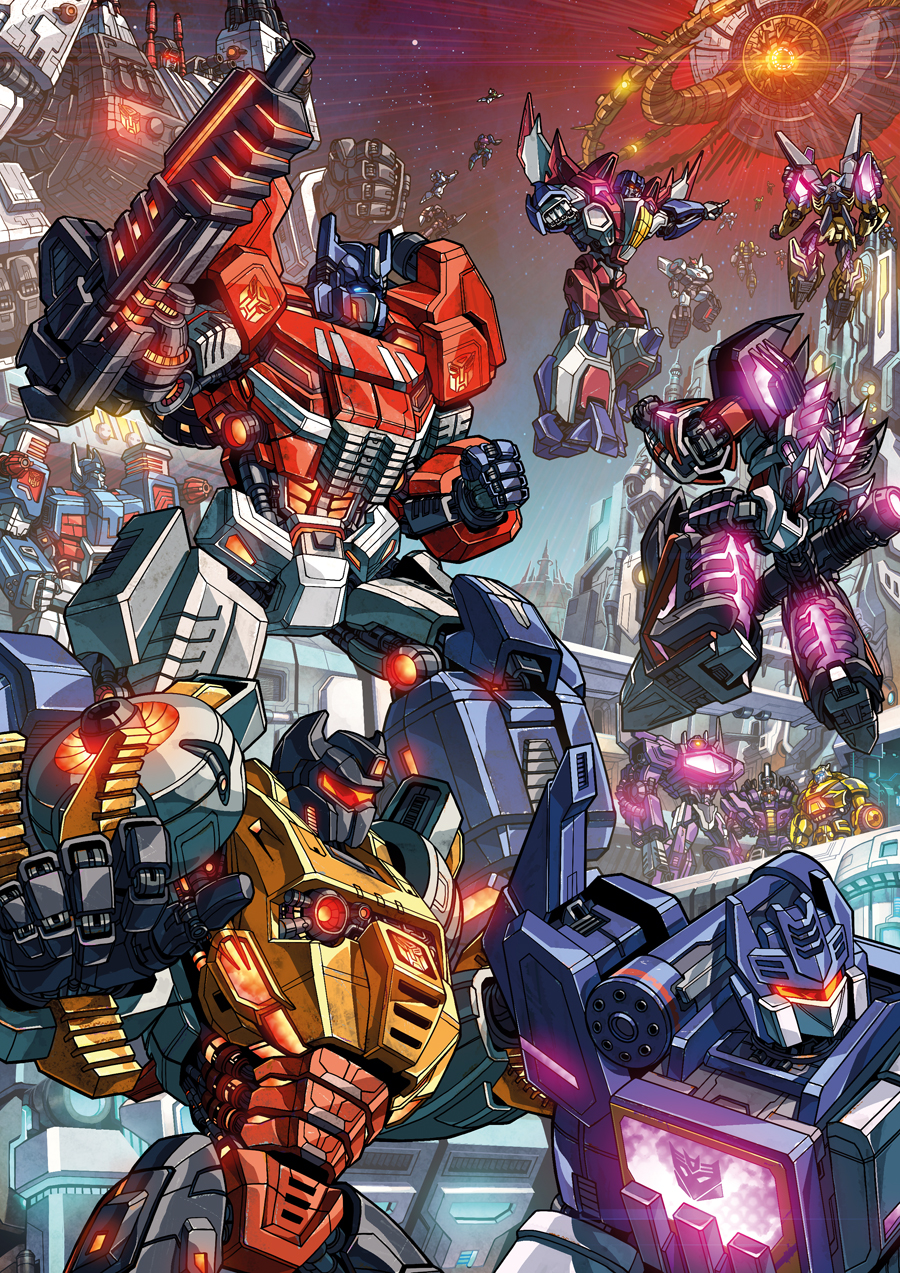 autobot battle building bumblebee cannon city cybertron decepticon emblem energon energy energy_gun epic flying grimlock highres mecha megatron metroplex optimus_prime planet robot science_fiction shockwave_(transformers) soundwave star_(sky) starscream tagme transformers ultra_magnus unicron weapon