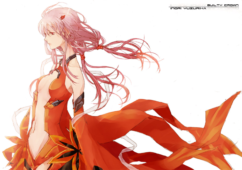 1girl bare_shoulders breasts center_opening cleavage detached_sleeves elbow_gloves fingerless_gloves gloves guilty_crown hair_ornament hairclip long_hair navel pink_hair raymon-2 red_eyes solo thigh-highs twintails yuzuriha_inori