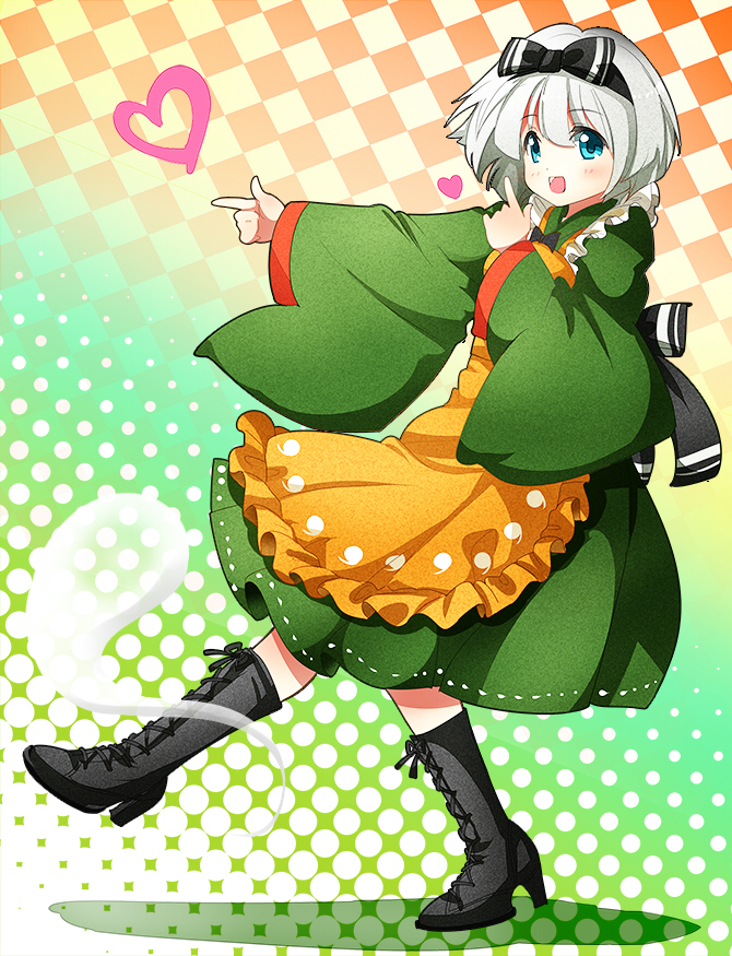 1girl alternate_costume apron blue_eyes boots bow cross-laced_footwear enmaided hair_bow heart japanese_clothes kimono konpaku_youmu konpaku_youmu_(ghost) long_sleeves looking_at_viewer maid maid_apron nagare open_mouth silver_hair smile solo touhou wide_sleeves