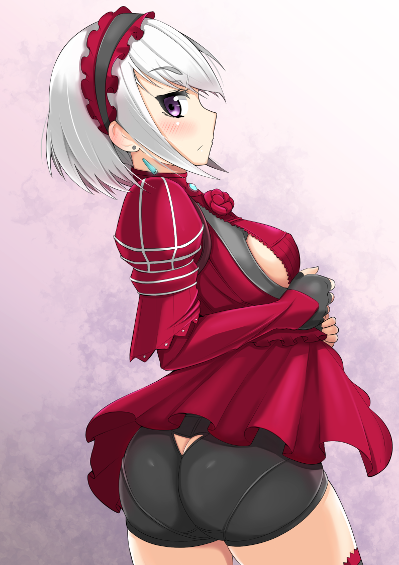 1girl ass ass_cutout blush breasts butt_crack chaika_bogdan dress earrings fingerless_gloves gloves hairband hitsugi_no_chaika jewelry lolita_hairband long_sleeves looking_back may0508 puffy_sleeves short_hair shorts silver_hair solo thighhighs violet_eyes