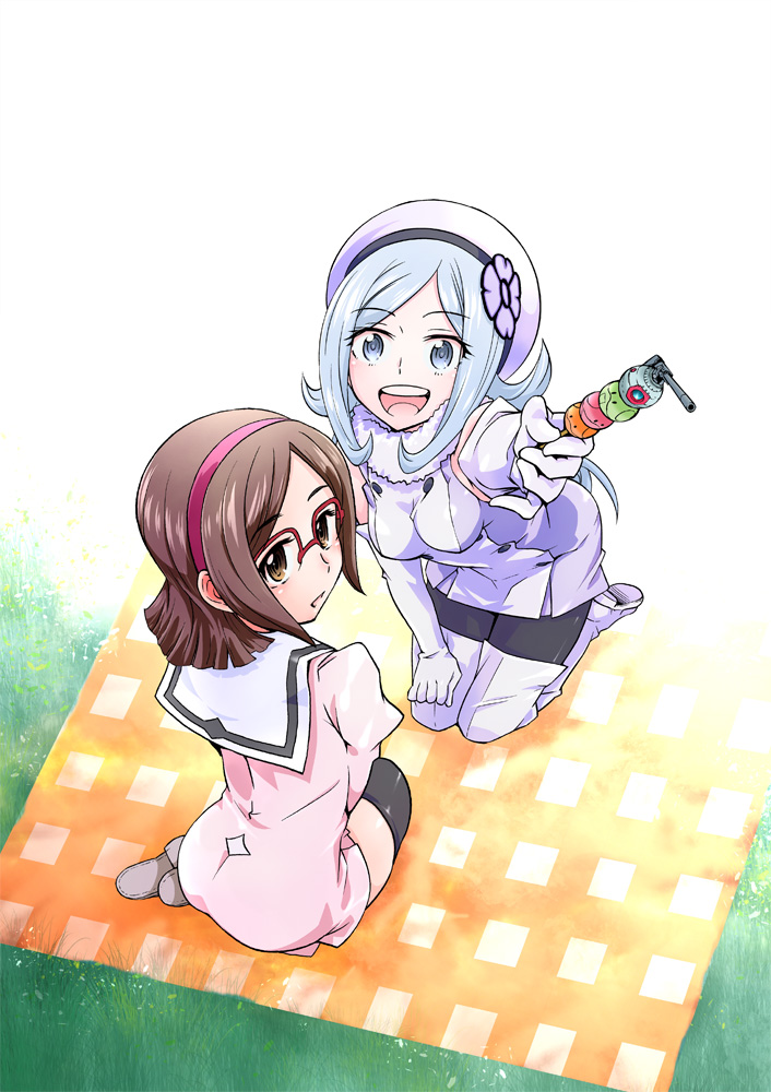 2girls :d aila_jyrkiainen ball_(gundam) black_legwear blanket blue_eyes blush boots breasts brown_eyes brown_hair dress elbow_gloves fur_trim glasses gloves grass gundam gundam_build_fighters hairband haro hat hoshino_kouichirou kousaka_china long_hair multiple_girls open_mouth over-rim_glasses pantyhose red-framed_glasses school_uniform seiza semi-rimless_glasses short_hair silver_hair sitting smile thigh_boots thighhighs yokozuwari