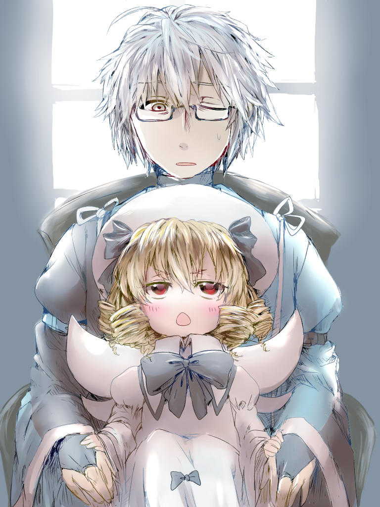 1boy 1girl ahoge backlighting blonde_hair blush bow bridal_gauntlets chair chestnut_mouth choker dress drill_hair eyebrows fairy_wings glasses grey_background grey_eyes hands_together hat hat_ribbon long_sleeves looking_at_another luna_child morichika_rinnosuke one_eye_closed parted_lips red_eyes ribbon rough semi-rimless_glasses short_hair silver_hair sitting sitting_on_lap sitting_on_person solo sweatdrop touhou under-rim_glasses window wings wink yuichiitan