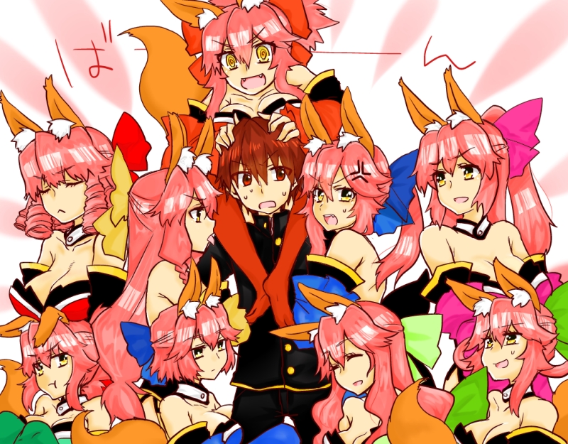 1boy 6+girls @_@ alternate_color alternate_hairstyle anger_vein animal_ears arm_hug bow breasts brown_hair carrying caster_(fate/extra) cleavage closed_eyes detached_collar detached_sleeves drill_hair fang fangs fate/extra fate_(series) fox_ears fox_tail frown hair_bow kishinami_hakuno_(male) leg_grab long_hair multiple_girls multiple_persona nagisa_moa open_mouth pink_hair red_eyes short_hair shoulder_carry sweatdrop tail thigh-highs tongue very_long_hair yellow_eyes