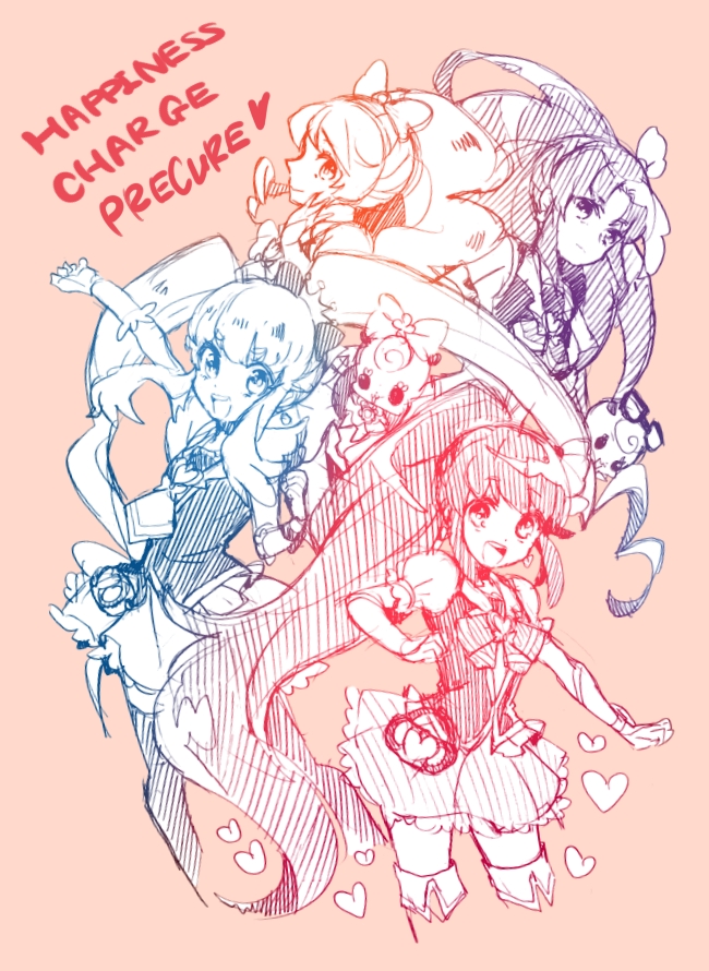 4girls aino_megumi boots copyright_name crown cure_fortune cure_honey cure_lovely cure_princess earrings english gurasan_(happinesscharge_precure!) hair_ornament hair_ribbon happinesscharge_precure! hayashi_(kanzume) heart heartcatch_precure! hikawa_iona jewelry long_hair magical_girl monochrome multiple_girls oomori_yuuko ponytail precure ribbon ribbon_(happinesscharge_precure!) shirayuki_hime shirt simple_background sketch skirt thigh-highs thigh_boots thighs twintails vest wrist_cuffs zettai_ryouiki