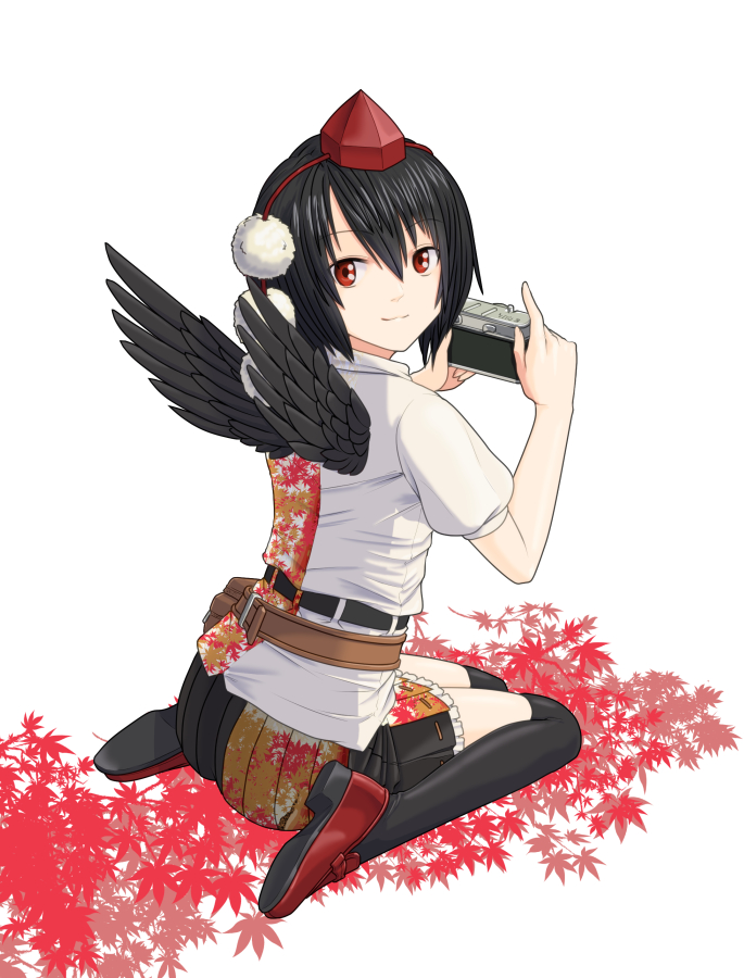 1girl belt black_hair camera hat mary_janes raybar red_eyes shameimaru_aya shoes short_hair sitting skirt smile solo tokin_hat touhou wariza wings