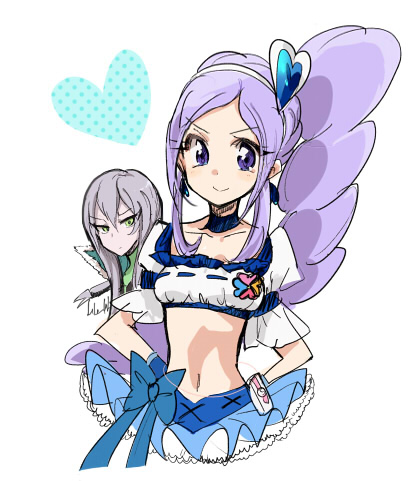 1boy 1girl aono_miki blue_skirt choker cure_berry drill_hair earrings fresh_precure! frilled_skirt frills green_eyes hair_ornament hairband heart heart_hair_ornament jewelry long_hair looking_at_viewer lowres midriff navel ponytail precure purple_hair ribbon shijima_(agkm) shirt side_ponytail silver_hair simple_background sketch skirt souler standing violet_eyes white_background wrist_cuffs