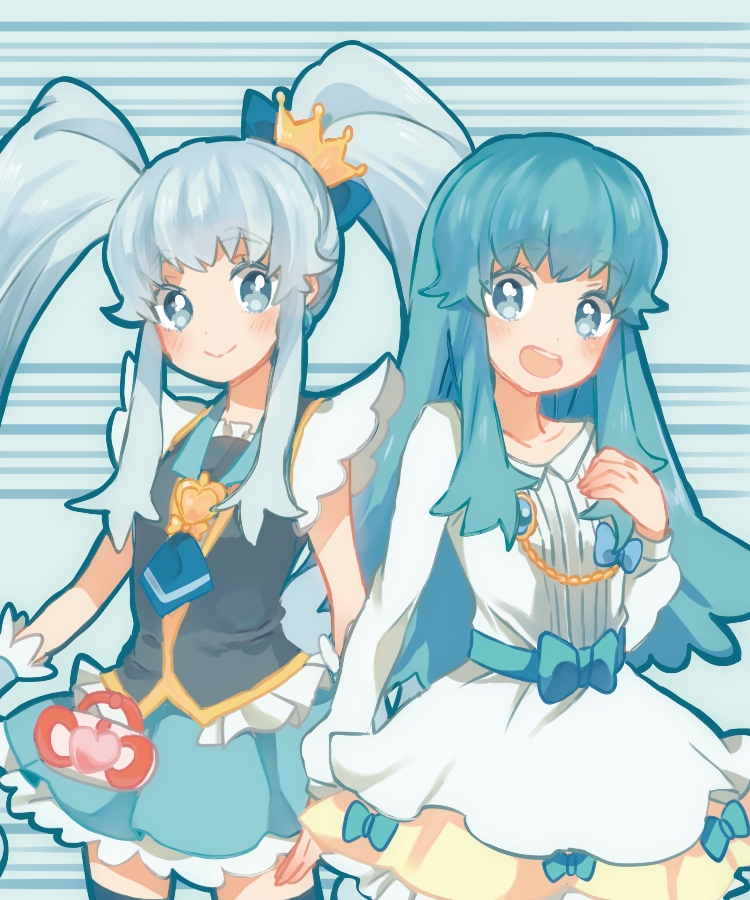 2girls blue_eyes blue_hair blue_legwear blue_skirt blush crown cure_princess dress earrings eyelashes hair_ornament hair_ribbon happinesscharge_precure! happy hayashi_(kanzume) jewelry long_hair looking_at_viewer magical_girl multiple_girls multiple_persona open_mouth precure ribbon shirayuki_hime shirt skirt smile thigh-highs thighs twintails vest wrist_cuffs zettai_ryouiki