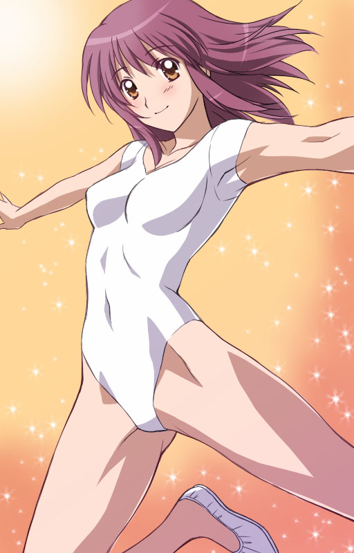 1girl blush brown_eyes kaleido_star kuroda_akimi leotard naegino_sora outstretched_arms purple_hair short_hair smile solo spread_arms